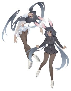 1girl animal_ear_fluff animal_ears black_hair black_shirt black_skirt brown_pantyhose closed_mouth dark-skinned_female dark_skin dragalia_lost dragalinuka full_body highres ice_skates laranoa long_hair long_sleeves looking_at_viewer multiple_views pantyhose purple_eyes rabbit_ears shirt skates skirt smile twintails very_long_hair white_background