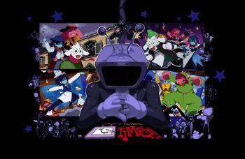 4girls 6+boys 6+others animal_ears ant_tenna apron armlet belt bendedede black_background black_gloves black_hat black_ribbon black_shoes blue_belt blue_hair blue_hat blue_pants blue_skin blue_vest bracelet cake cake_slice chef_hat chief_undyne closed_eyes closed_mouth colored_skin colored_teeth cowboy_hat deltarune dinosaur_costume drink drum drum_set drumsticks electric_guitar elnina_(deltarune) fingerless_gloves food furry furry_female furry_male glasses gloves goat_boy goat_ears goat_horns green-framed_eyewear guitar hand_on_headwear hat heart highres holding holding_drumsticks holding_guitar holding_instrument holding_microphone horns horse horseback_riding instrument jewelry kris_(cooking_show)_(deltarune) kris_(dark_world)_(deltarune) kris_(deltarune) kris_(lightners_live)_(deltarune) kris_(shootout)_(deltarune) lancer_(deltarune) lanino_(deltarune) long_hair long_sleeves microphone milk mohawk multiple_boys multiple_girls multiple_others music neck_ribbon open_mouth pants pink_horns pink_scarf pippins_(deltarune) playing_instrument purple_hair rabbick_(deltarune) ralsei ralsei_(cooking_show) ralsei_(lightners_live) ralsei_rancher ramb_(deltarune) ribbick_(deltarune) ribbon riding roaring_knight rouxls_kaard sandwich scarf serious_trashy shadowguy_(deltarune) sharp_teeth shirt shoes short_hair shuttah_(deltarune) singing spamton_g._spamton spiked_armlet spiked_bracelet spikes star_(symbol) susie_(cooking_show)_(deltarune) susie_(dark_world)_(deltarune) susie_(deltarune) susie_(lightners_live)_(deltarune) susie_(shootout)_(deltarune) susiezilla tailcoat teeth the_original_starwalker toriel toriel_(dark_world) twintails undyne undyne_(dark_world) utdr_(toby_fox) vest waist_apron white_apron white_shirt yellow_teeth zapper_(deltarune)