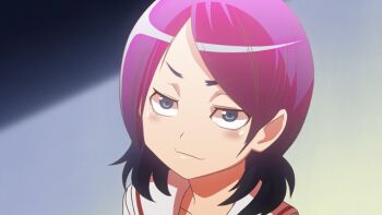 1girl animated animated_gif blue_eyes indoors ishihara_yorina medium_hair ofuda open_mouth portrait purple_hair sailor_collar school_uniform serafuku shinohayu_the_dawn_of_age solo white_sailor_collar