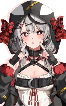 +_+ 1girl animal_collar animal_hood belt black_belt black_collar black_gloves black_hair black_jacket bow braid breasts camisole center-flap_bangs cheek_poking chest_belt cleavage collar criss-cross_halter double-parted_bangs fingerless_gloves frilled_camisole frills gloves grey_hair hair_ornament hairclip halterneck hands_up heart_collar highres hololive hood hood_up jacket large_breasts long_hair long_sleeves looking_at_viewer multicolored_hair nail_polish off_shoulder open_clothes open_jacket open_mouth orca_hood pendant_collar plaid_bow poking pout punikasu quilted_jacket red_bow red_eyes red_jacket red_nails sakamata_chloe sakamata_chloe_(1st_costume) side_braid simple_background single_braid straight-on streaked_hair two-sided_fabric two-sided_jacket v-shaped_eyebrows virtual_youtuber white_background x_hair_ornament