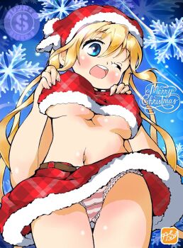 1girl blend_s blonde_hair blue_background blue_eyes breasts commentary_request covered_erect_nipples cowboy_shot from_below fur-trimmed_skirt fur_trim hands_on_own_chest hat highres hinata_kaho large_breasts merry_christmas navel one_eye_closed open_mouth panties pantyshot pink_panties plaid_clothes plaid_hat plaid_skirt red_hair red_skirt santa_costume santa_hat skirt snowflakes solo stomach striped_clothes striped_panties takecho teeth twintails underboob underwear unmoving_pattern upper_teeth_only
