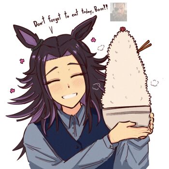 1boy 1girl animal_ears beard big_boss black_hair blue_shirt blue_vest blush bowl brown_hair character_request check_character chopsticks cigar closed_eyes english_text eyepatch facial_hair facing_viewer fenomeno_(umamusume) flipped_hair headband highres holding holding_bowl horse_ears horse_girl johnholl0w long_hair long_sleeves metal_gear_(series) multicolored_hair open_mouth purple_hair rice rice_bowl shirt smile umamusume vest