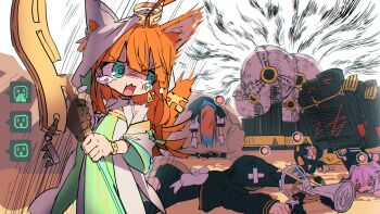 >_< 1boy 4girls @_@ ahoge animal_ears arknights armor cat_ears cat_girl cat_tail commentary_request earrings emoji eunectes_(arknights) furrowed_brow gameplay_mechanics green_eyes highres holding holding_staff holding_weapon impending_doom jewelry long_hair lying manticore_(arknights) multiple_girls on_ground on_stomach open_mouth orange_hair panicking papyrus_(arknights) passenger_(arknights) pepe_(arknights) shield speech_bubble staff stronghold_protocol_(arknights) tail tail_ornament tail_ring takenuco tears unconscious weapon