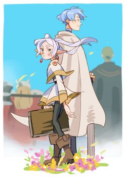 Rule 34 | 1girl, 3boys, absurdres, alos (alosrovolo), axe, back-to-back, black cloak, black pantyhose, blonde hair, blue background, blue hair, boots, border, brown boots, capelet, cloak, closed mouth, dwarf, earrings, eisen (sousou no frieren), elf, fake horns, frieren, gold trim, green eyes, grey hair, heiter, helmet, highres, himmel (sousou no frieren), holding, holding suitcase, holding sword, holding weapon, horned helmet, horns, jacket, jewelry, light blush, long hair, multiple boys, pantyhose, parted bangs, parted lips, poi, pointy ears, red cloak, shirt, short hair, skirt, smile, sousou no frieren, striped clothes, striped shirt, suitcase, sword, thick eyebrows, twintails, weapon, weapon on back, white border, white capelet, white cloak, white jacket, white skirt