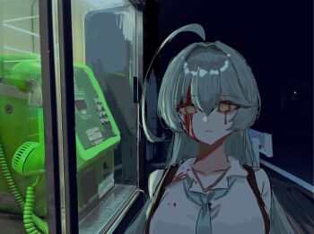 1girl antenna_hair aqua_hair aqua_necktie blood blood_on_clothes blood_on_face bloody_tears blue_archive collared_shirt dark gyogyo150 highres necktie no_pupils phone phone_booth shirt solo upper_body white_shirt yellow_eyes yume_(blue_archive)