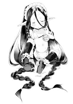 1girl absurdly_long_hair bare_shoulders bikini blush braid closed_eyes collarbone dot_nose facing_viewer female_focus flat_chest frills full_body granblue_fantasy greyscale harvin highres kereno kneehighs loafers long_hair long_pointy_ears maid_headdress midget monochrome navel parted_lips petite pointy_ears rei_(granblue_fantasy) shoes short_eyebrows simple_background sitting socks solo spread_legs sweat swimsuit thick_eyebrows twin_braids very_long_hair white_background