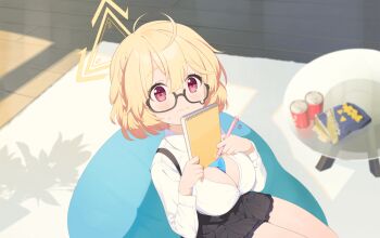 1girl 9ml ahoge bean_bag_chair between_breasts black-framed_eyewear black_skirt blonde_hair blue_archive blue_necktie blurry blurry_background blush breasts can cleavage clothes_between_breasts from_above game_asset glasses halo highres holding holding_notebook indoors kotori_(blue_archive) large_breasts long_sleeves looking_at_viewer looking_up miniskirt necktie necktie_between_breasts non-web_source notebook official_art pencil red_eyes round_eyewear self-datamine semi-rimless_eyewear shadow shirt short_hair sitting skirt table teardrop-framed_glasses under-rim_eyewear white_shirt