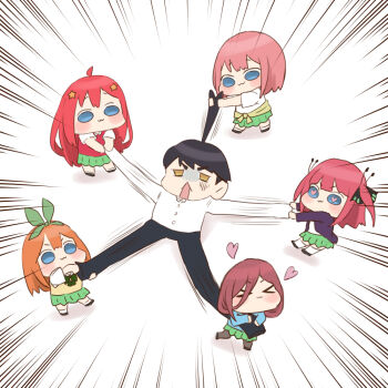 &gt;_&lt; 1boy 5girls :3 ahoge akino_ell anatomical_nonsense black_pants blue_eyes blunt_bangs butterfly_hair_ornament chibi closed_eyes closed_mouth emphasis_lines go-toubun_no_hanayome grabbing_another&#039;s_arm grabbing_another&#039;s_hair grabbing_another&#039;s_leg green_skirt hair_ornament heart heart-shaped_pupils holding_another&#039;s_hair human_tug_of_war long_hair long_sleeves looking_at_another motion_lines multiple_girls nakano_ichika nakano_itsuki nakano_miku nakano_nino nakano_yotsuba open_mouth orange_hair pants pantyhose pink_hair pleated_skirt quintuplets red_hair shaded_face shirt siblings sisters skirt standing star_(symbol) star_hair_ornament symbol-shaped_pupils thighhighs uesugi_fuutarou v-shaped_eyebrows white_shirt white_thighhighs