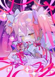 Rule 34 | arm ribbon, bow, choker, clone, dress, frilled dress, frills, gloves, hair between eyes, hair bow, half-closed eyes, highres, kaname madoka, magical girl, mahou shoujo madoka magica, mini person, minigirl, orange eyes, pink dress, pink hair, pointing, pointing at self, red ribbon, ribbon, signature, size difference, sky, sparkle, star (sky), starry sky, two side up, white choker, white gloves, yooki (winter cakes)