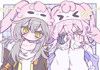 Rule 34 | 2girls, bare shoulders, black coat, blue background, blush, border, closed mouth, coat, covering own mouth, crossed bangs, eyes visible through hair, gloves, gold trim, grey hair, grid background, groblvxvix34238, hair between eyes, hashtag-only commentary, highres, honkai: star rail, honkai (series), looking at another, march 7th (honkai: star rail), medium hair, multiple girls, off shoulder, parted bangs, partially fingerless gloves, pink hair, rabbit ear hat, shirt, stelle (honkai: star rail), trailblazer (honkai: star rail), upper body, white background, white border, white shirt, yellow eyes