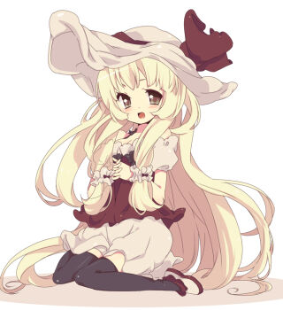1girl blonde_hair blush bow female_focus hat hat_bow long_hair mushroom nakamura_sandayo original own_hands_clasped own_hands_together personification simple_background sitting skirt solo thighhighs wariza white_background yellow_eyes