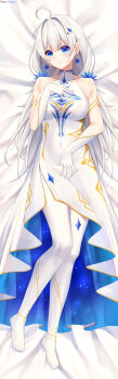 Rule 34 | 1girl, absurdres, ahoge, bare shoulders, bed sheet, blue eyes, breasts, cleavage, cleavage cutout, closed mouth, clothing cutout, collarbone, covered navel, dakimakura (medium), dress, earrings, elbow gloves, full body, gloves, hair between eyes, hair ornament, hand on own chest, highres, incredibly absurdres, jewelry, large breasts, long hair, looking at viewer, lori hagami, lying, medium breasts, navel, no shoes, on back, original, pantyhose, sleeveless, sleeveless dress, smile, solo, thighhighs, twintails, very long hair, virtual youtuber, white dress, white gloves, white hair, white pantyhose, white thighhighs