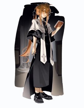 1girl :o belt bible_(object) black_belt black_coat black_ribbon black_shirt black_shoes blonde_hair book capelet chaplain chinese_commentary coat commentary_request cross cross_necklace cross_print degrees_of_lewdity double-parted_bangs dress_shoes full_body hair_between_eyes hair_ribbon hand_up highres holding holding_book holding_cross jewelry latin_cross long_hair long_skirt looking_at_viewer looking_down necklace nun open_clothes open_coat pencil_skirt ponytail raised_eyebrows raised_inner_eyebrows ribbon scarf semi-rimless_eyewear shirt shoes sidelocks skirt solo standing stole sydney_(degrees_of_lewdity) sydney_(female)_(degrees_of_lewdity) under-rim_eyewear very_long_hair vest waistcoat white_capelet white_scarf wushui_zhan_nao_geng yellow-framed_eyewear yellow_eyes