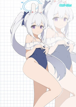 1girl animal_ear_hairband animal_ears artist_name bare_shoulders blue_archive blue_halo blue_one-piece_swimsuit casual_one-piece_swimsuit chinese_commentary commentary_request covered_navel fake_animal_ears frilled_one-piece_swimsuit frills from_side grid_background hairband halo hands_on_own_stomach highres lemon_tea_(15058751917) long_hair looking_at_viewer miyako_(blue_archive) miyako_(swimsuit)_(blue_archive) off-shoulder_one-piece_swimsuit off_shoulder official_alternate_costume official_alternate_hairstyle one-piece_swimsuit ponytail purple_eyes rabbit_ear_hairband rabbit_ears solo swimsuit white_hair zoom_layer
