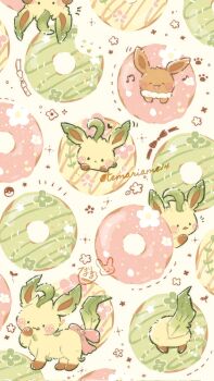 animal_focus blush bow commentary_request donut eevee flower food food_focus gen_1_pokemon gen_4_pokemon highres leafeon nintendo no_humans open_mouth paw_print poke_ball pokemon pokemon_(creature) pokemon_focus tail tail_bow tail_ornament temariame14