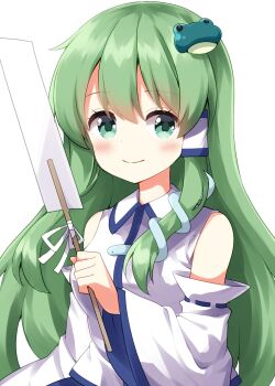 Rule 34 | 1girl, bare shoulders, blush, closed mouth, collared shirt, commentary request, detached sleeves, frog hair ornament, gohei, green eyes, green hair, hair ornament, hair tubes, highres, holding, holding gohei, kochiya sanae, long hair, looking at viewer, ribbon-trimmed sleeves, ribbon trim, ruu (tksymkw), shirt, simple background, single hair tube, sleeveless, sleeveless shirt, smile, snake hair ornament, solo, touhou, upper body, white background, white shirt, white sleeves, wide sleeves