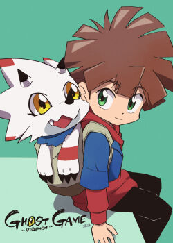 Rule 34 | 1boy, amanokawa hiro, backpack, bag, brown hair, commentary request, creature, digimon, digimon ghost game, gammamon, green background, green eyes, highres, hood, hoodie, jin (jin3jin3), looking at another, short hair, sitting, yellow eyes