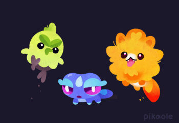 artist_name baby_animal bird black_background browt chibi chick dog gecko gecqua lizard nintendo no_humans pikaole pokemon pokemon_(creature) pombon pomeranian_(dog) starter_pokemon_trio