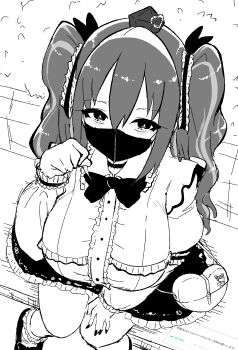 1girl akure_ekuto alternate_costume black_bow black_bowtie bow bowtie breasts commentary frills greyscale hair_between_eyes hand_up hat heart-shaped_bag highres himekaidou_hatate jirai_kei large_breasts long_hair long_sleeves looking_at_viewer mask monochrome mouth_mask nail_polish paw_pose request_inset shirt shoes sitting skirt socks solo thighs tokin_hat touhou twintails