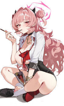 Rule 34 | 1girl, absurdres, ankle socks, bead necklace, beads, black choker, black horns, black shoes, black skirt, blue archive, blush, bow, bowtie, bracelet, breasts, choker, cleavage, commentary request, double bun, fake horns, fingernails, food, food in mouth, gold necklace, gyaru, hair bun, hair intakes, hairband, halo, high-waist skirt, highres, holding, holding food, horn hairband, horns, indian style, jewelry, kirara (blue archive), large breasts, long fingernails, long hair, looking at viewer, loose bowtie, multiple bracelets, nail polish, necklace, pink hair, pink halo, pocky, pocky in mouth, red bow, red bowtie, red nails, runfufu, shirt, shoe soles, shoes, simple background, sitting, skirt, socks, solo, white background, white shirt, white socks