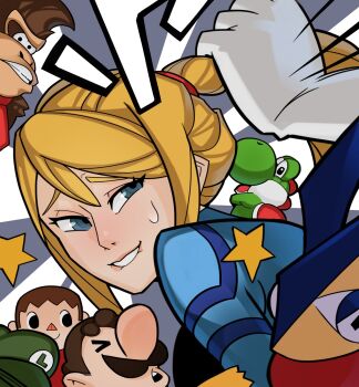 animal_crossing biting_own_lip blonde_hair blue_eyes donkey_kong donkey_kong_(series) facial_hair gen_6_pokemon grabbing_another&#039;s_hair greninja hat highres holding_another&#039;s_hair implied_sex looking_back luigi mario_(series) metroid mustache necktie nintendo pokemon pokemon_(creature) ponytail samus_aran splashbrush star_(symbol) super_smash_bros. sweat sweatdrop yoshi zero_suit