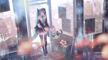 1girl black_boots black_skirt blouse blue_eyes blue_hair boots breasts chris4708 collared_shirt dated detached_sleeves dress food gift grey_shirt hachune_miku happy_birthday hatsune_miku hatsune_miku_(nt) highres holding holding_food holding_spring_onion holding_vegetable long_hair magical_mirai_(vocaloid) magical_mirai_miku magical_mirai_miku_(2013) magical_mirai_miku_(2018) magical_mirai_miku_(2019) magical_mirai_miku_(2020_summer) magical_mirai_miku_(2021) medium_breasts mikudayo murozaki_melody_(project_sekai) odds_&amp;_ends_(vocaloid) piapro_studio poster_(object) project_sekai rabbit_yukine rain shirt skirt sleeveless sleeveless_shirt smile solo spring_onion thigh_boots thighhighs twintails vegetable very_long_hair vocaloid white_dress window yuki_miku yuki_miku_(2011) yuki_miku_(2014) yuki_miku_(2016) yuki_miku_(2020) yuki_miku_(2021) yuki_miku_(2022)
