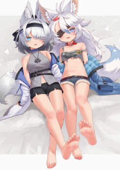2girls absurdres animal_ears barefoot blue_eyes chinese_commentary commentary_request eyepatch feet fox_ears fox_girl fox_tail highres karv large_variant_set multiple_girls original shorts soles tail toes variant_set white_hair