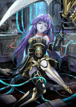 1girl android chinchira closed_eyes duel_monster galatea_the_orcust_automaton gloves hair_ornament holding holding_scythe holding_weapon humanoid_robot ib_(yu-gi-oh!) joints long_hair machine on_floor purple_hair robot robot_joints scythe single_thighhigh sitting skirt solo thighhighs tube weapon yu-gi-oh!