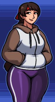 1girl ass braid braided_ponytail breasts brown_eyes brown_hair curvy female_focus headband huge_ass leggings long_hair long_sleeves medium_breasts pale_skin pants ponytail royalmilk20 smile smiley_face spandex standing sweater the_king_of_fighters thick_thighs thighs vexwarlock wide_hips yoga_pants yuri_sakazaki