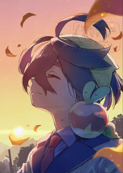1boy black_hair blue_shirt closed_eyes closed_mouth collared_shirt commentary_request crossed_bangs evening hairband highres jacket kieran_(pokemon) leaf male_focus mole mole_on_neck nintendo on_shoulder outdoors pokemon pokemon_(creature) pokemon_on_shoulder pokemon_sv purple_hair saikyo_donbei shirt sky sunset upper_body white_jacket yellow_hairband