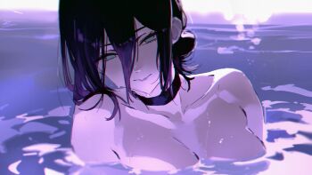 1girl absurdres black_choker black_hair breasts chainsaw_man choker cleavage closed_mouth collarbone doremy green_eyes hair_between_eyes hair_bun highres long_hair_between_eyes looking_at_viewer nude partially_submerged pool reze_(chainsaw_man) single_hair_bun skinny_dipping solo water wet wet_hair