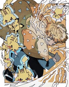 1boy agatsuma_zenitsu blonde_hair checkered_haori demon_slayer_uniform electricity gen_1_pokemon haori highres japanese_clothes kimetsu_no_yaiba nintendo pikachu pokemon pokemon_(creature) triangle_print yellow_haori zelzmd