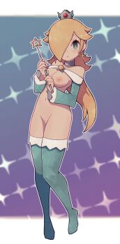 1girl bar_censor bare_shoulders blonde_hair blonde_pubic_hair blue_eyes breasts censored choker cleavage cleft_of_venus closed_mouth collarbone commentary crown detached_sleeves earrings full_body hair_over_one_eye highres holding holding_wand jewelry lamb-oic029 long_hair looking_at_viewer mario_(series) medium_breasts navel nintendo nipples pussy reverse_outfit rosalina solo star_(symbol) star_earrings super_mario_galaxy thighhighs wand