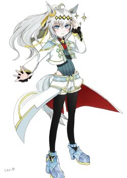 1girl ahoge animal_ears blue_eyes blush brooch closed_mouth clothing_cutout commentary cropped_jacket grey_hair grey_leotard grey_tail hair_between_eyes hair_ornament hair_ribbon hairband highres hip_vent horse_ears horse_girl horse_tail jacket jewelry leotard levi_asu14 long_hair long_sleeves looking_at_viewer neckerchief official_alternate_costume oguri_cap_(cinderella_gray)_(umamusume) oguri_cap_(umamusume) overskirt ponytail red_neckerchief ribbon shoes shorts simple_background smile solo sparkle star_brooch symbol-only_commentary tail umamusume umamusume:_cinderella_gray white_background white_jacket white_shorts