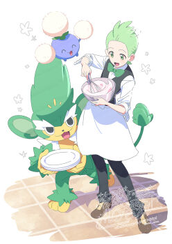 apron black_pants black_vest bow bowl bowtie cilan_(pokemon) closed_eyes collared_shirt gen_2_pokemon gen_5_pokemon green_bow green_bowtie green_eyes green_hair highres holding holding_bowl holding_plate holding_whisk jumpluff long_sleeves mixing monkey nintendo open_mouth pants plate pokemon pokemon_(creature) pokemon_bw serizawa_serizane shirt shoes short_hair simisage smile traditional_bowtie vest waist_apron waiter whisk white_apron white_shirt