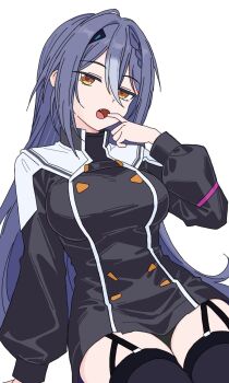 Rule 34 | 1girl, aogiri koukou, black thighhighs, blue hair, breasts, dhtamtam, etra (icetea), finger in own mouth, garter belt, highres, large breasts, long hair, looking at viewer, simple background, solo, thighhighs, thighs, virtual youtuber, white background, yellow eyes