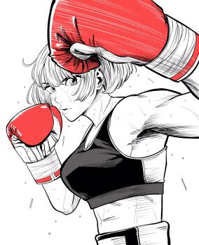 1girl boxing boxing_gloves boxing_shorts breasts cleavage commentary fighting_stance greyscale high-waist_shorts highres large_breasts lee_(dragon_garou) lips midriff monochrome motion_lines original parted_lips punching short_hair shorts solo sports_bra spot_color sweat upper_body