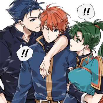 Rule 34 | !, !!, 1girl, 2boys, arm around shoulder, belt, black gloves, blue dress, blue eyes, blue hair, blue jacket, blue shirt, brown belt, commentary request, dress, earrings, eliwood (fire emblem), fingerless gloves, fire emblem, fire emblem: the blazing blade, gloves, green eyes, green hair, hector (fire emblem), high ponytail, jacket, jewelry, kanou (fuffu n), long hair, long sleeves, lyn (fire emblem), multiple boys, nintendo, one eye closed, ponytail, profile, red hair, shirt, short hair, short sleeves, sleeves rolled up, sweatdrop, upper body, v-shaped eyebrows, white background