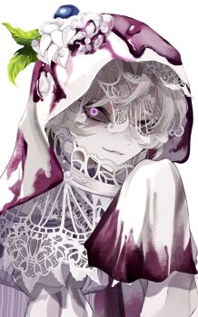 1boy blueberry commentary_request flower food fruit gem gradient_clothes gradient_sleeves hair_between_eyes hand_up highres hirrune hood identity_v ithaqua_(identity_v) lace lace_veil leaf long_sleeves looking_at_viewer male_focus pearl_(gemstone) petals purple_eyes short_hair simple_background sleeves_past_fingers sleeves_past_wrists smile solo upper_body veil whipped_cream white_background white_flower white_hair