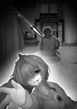 1boy 1girl 9-nine- amatsuji blood blood_drip blood_from_mouth collarbone curtains from_behind greyscale hair_intakes hair_over_one_eye highres hood hood_down hoodie implied_murder indoors looking_at_viewer monochrome niimi_kakeru non-web_source on_floor one_eye_covered outstretched_hand parted_lips pov pov_hands reaching reaching_towards_viewer shaded_face short_hair short_hair_with_long_locks shrine sitting smile spiked_hair upper_body wariza yuuki_noa zipper