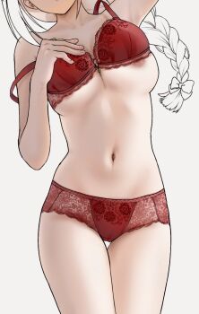 0zwn1 1girl areola_slip arm_up armpits bra bra_slip breasts cleavage commentary_request cowboy_shot eyes_out_of_frame floral_print hand_on_own_chest head_out_of_frame korean_commentary lace lace-trimmed_bra lace_panties lace_trim lingerie medium_breasts navel nipple_slip nipples original panties partially_colored red_bra red_panties simple_background solo thigh_gap underwear unfinished white_background