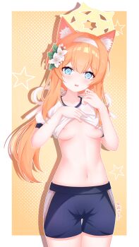 1girl @_@ animal_ear_fluff animal_ears black_shorts blue_archive blue_eyes breasts cat_ears clothes_lift commentary_request flower gym_shorts gym_uniform hair_between_eyes hair_flower hair_ornament highres long_hair mari_(blue_archive) mari_(track)_(blue_archive) midriff navel nipples official_alternate_costume open_clothes open_mouth open_shirt orange_hair shirt shirt_lift short_sleeves shorts solo stomach white_shirt yuanzi_ako