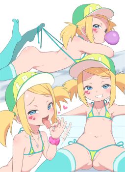 1girl aqua_eyes bikini blonde_hair blue_eyes bubukka chewing_gum cross cross_necklace facial_tattoo fellatio_gesture female_focus flat_chest green_headwear hat heart heart_tattoo jewelry loli loli_bitch_island looking_at_viewer lying micro_bikini motion_lines multiple_views naughty_face navel necklace on_stomach open_mouth original pink_scrunchie scrunchie short_hair side-tie_bikini_bottom simple_background sitting swimsuit tattoo thighhighs tongue tongue_out twintails white_background wrist_scrunchie yellow_bikini