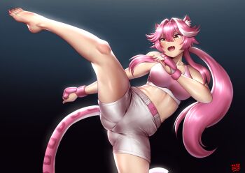 animal_ear_fluff animal_ears asymmetrical_hair bare_legs barefoot breasts commentary_request fang feet finalcake fingerless_gloves gloves hair_between_eyes hair_intakes high_kick highres hololive hololive_english kicking large_breasts leopard_tail long_hair midriff mma_gloves nail_polish open_mouth panther_ears panther_girl panther_tail pink_gloves pink_hair pink_nails pink_sports_bra pink_tail pink_theme raora_panthera shorts slit_pupils sports_bra sportswear standing standing_on_one_leg tail thighs toenails toes toned toned_female very_long_hair very_long_tail virtual_youtuber white_shorts yellow_eyes