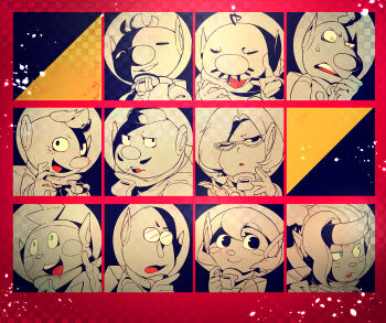 3girls 6+boys alph_(pikmin) asymmetrical_bangs backpack bag bags_under_eyes bald black_eyes blue_eyes blush_stickers brittany_(pikmin) buttons charlie_(pikmin) closed_eyes closed_mouth collin_(pikmin) commentary_request cowlick everyone eyelashes formal_clothes freckles frown glasses green_eyes grin hair_bun half-closed_eye hand_on_headwear helmet high_contrast highres layered_sleeves long_bangs long_sleeves looking_at_viewer louie_(pikmin) marking_on_cheek mohawk multiple_boys multiple_girls nintendo olimar one_eye_closed open_mouth outstretched_hand parted_lips petals pikmin_(series) pointing pointy_ears president_(pikmin) red_background rescue_officer_(pikmin) round_eyewear russ_(pikmin) sepia shepherd_(pikmin) shirushiki short_hair single_hair_bun smile space_helmet spacesuit suit sweatdrop teeth triangular_eyewear unusually_open_eyes upper_body upper_teeth_only v-shaped_eyebrows very_short_hair whistle yellow_eyes