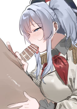 1boy 1girl absurdres beret blue_eyes blue_hat clothed_female_nude_male commentary_request fellatio grey_hair handjob hat hetero highres kantai_collection kashima_(kancolle) looking_at_viewer military_hat military_uniform nude oral penis puffy_sleeves shishamo_(domado) tongue tongue_out two_side_up