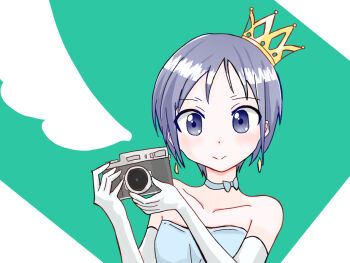 1girl aoi_illust_2077 bare_shoulders blue_choker blue_dress blue_eyes blush camera choker closed_mouth collarbone crown dot_nose dress earrings feet_out_of_frame female_focus holding holding_camera jewelry kurosaki_honoka looking_at_viewer smile solo standing upper_body wing yama_no_susume