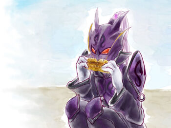 Rule 34 | 1boy, armor, coat, corn, dragon, dragon horns, eating, fangs, gloves, horns, kamen rider, kamen rider den-o (series), large sleeves, male focus, monster, monster boy, pastel background, ponytail, purple armor, purple hair, red eyes, ryutaros, sharp teeth, squatting, teeth, white gloves