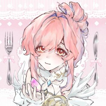 Rule 34 | 1girl, absurdres, argyle background, armor, bags under eyes, blue gemstone, border, breastplate, brown eyes, chest jewel, chinese commentary, closed mouth, collar, commentary request, detached collar, dot nose, dress, feather-trimmed sleeves, fork, gem, hair between eyes, hair bun, hair intakes, happy, high collar, highres, infinity nikki, knife, lace background, letterboxed, light blush, lips, looking at viewer, melody bloom (infinity nikki), nikki (nikki), nikki (series), object floating above hand, outside border, pink background, pink border, pink gemstone, pink hair, short hair with long locks, short sleeves, sidelocks, single hair bun, smile, solo, striped background, updo, upper body, vertical-striped background, wanji dashi, white collar, white dress