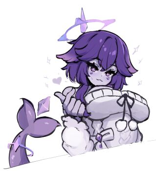 1girl bebatch breasts colored_skin commentary commission facial_mark fins fish_tail halo halo_around_horn highres indie_virtual_youtuber large_breasts megalodon_(vtuber) purple_hair purple_skin shark_girl shark_tail sweater tail virtual_youtuber white_background